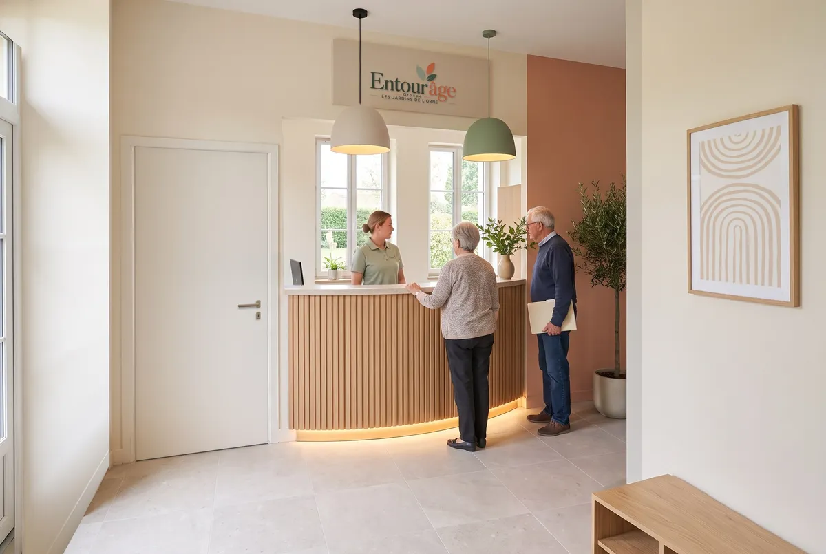 L'accueil : un comptoir en lattes de chêne face à l'entrée, le logo de la résidence au mur. La salariée, en polo vert sauge, reçoit deux résidents.
