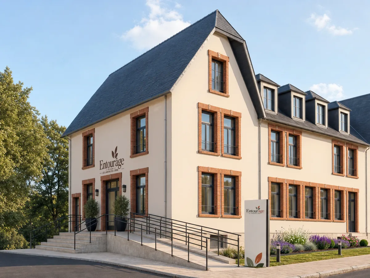 L'entrée de la résidence : le bâtiment ancien, son perron et la rampe d'accès bordée de mains courantes. Le nom de la résidence est sur la façade et sur un totem, des massifs de lavande longent le bâtiment.