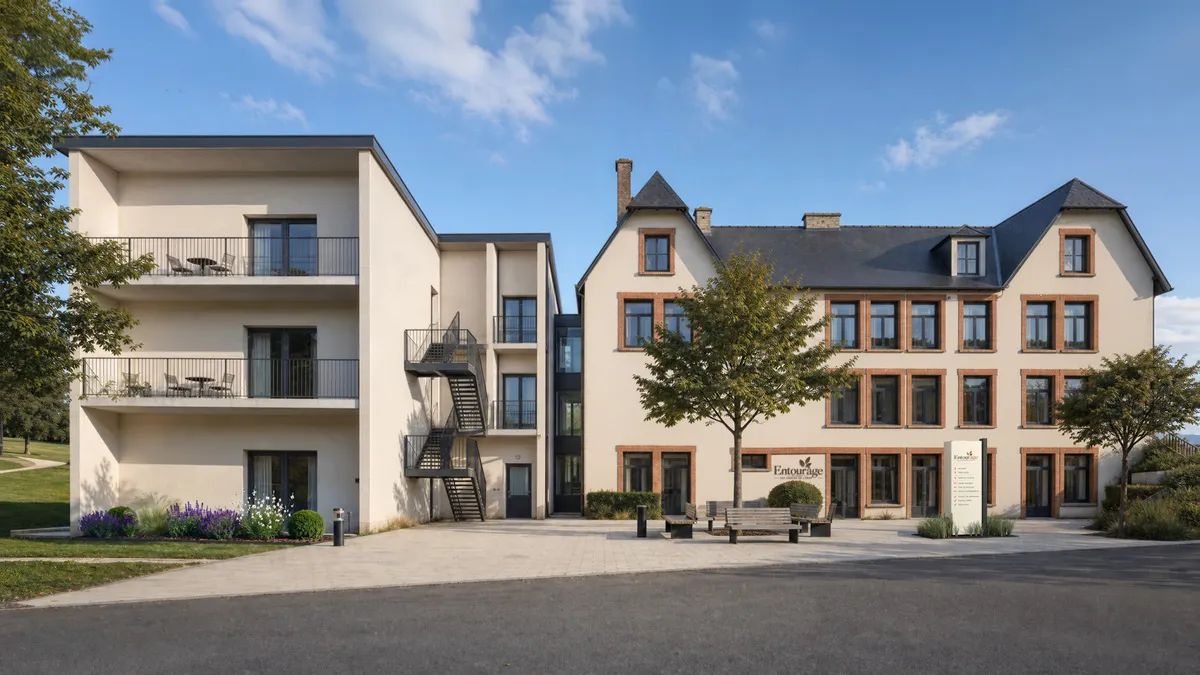 Le bâtiment ancien vu depuis la cour, relié à l'aile neuve et à ses balcons. Des bancs sous un arbre, au milieu de la cour pavée. Le nom de la résidence sur la façade, un totem qui indique les lieux, des massifs de lavande au pied de l'aile neuve.