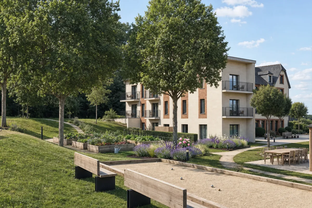 Le potager en bacs surélevés, des massifs de lavande et le terrain de pétanque bordé de bancs, sous les arbres du parc. L'aile neuve et ses balcons à l'arrière-plan.