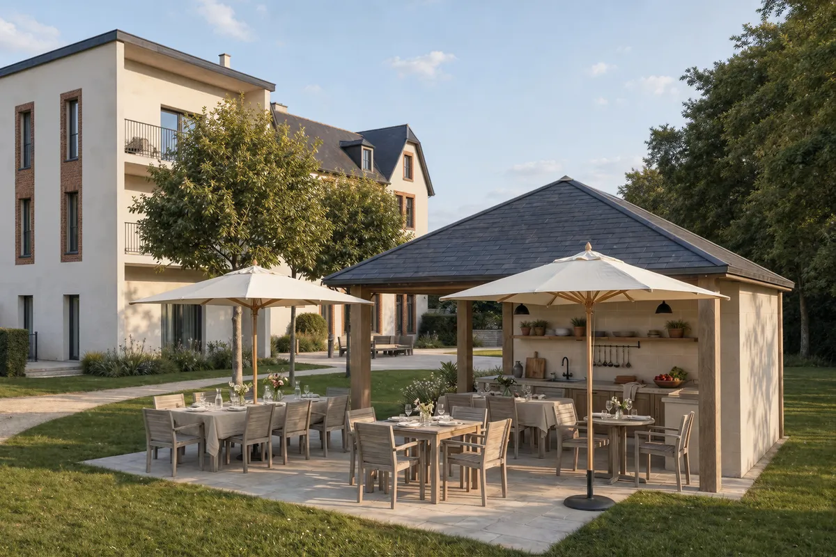 La cuisine d'été sous son toit d'ardoise, ouverte sur une terrasse de plain-pied. Des tables dressées et leurs chaises, deux parasols, la résidence à l'arrière-plan.