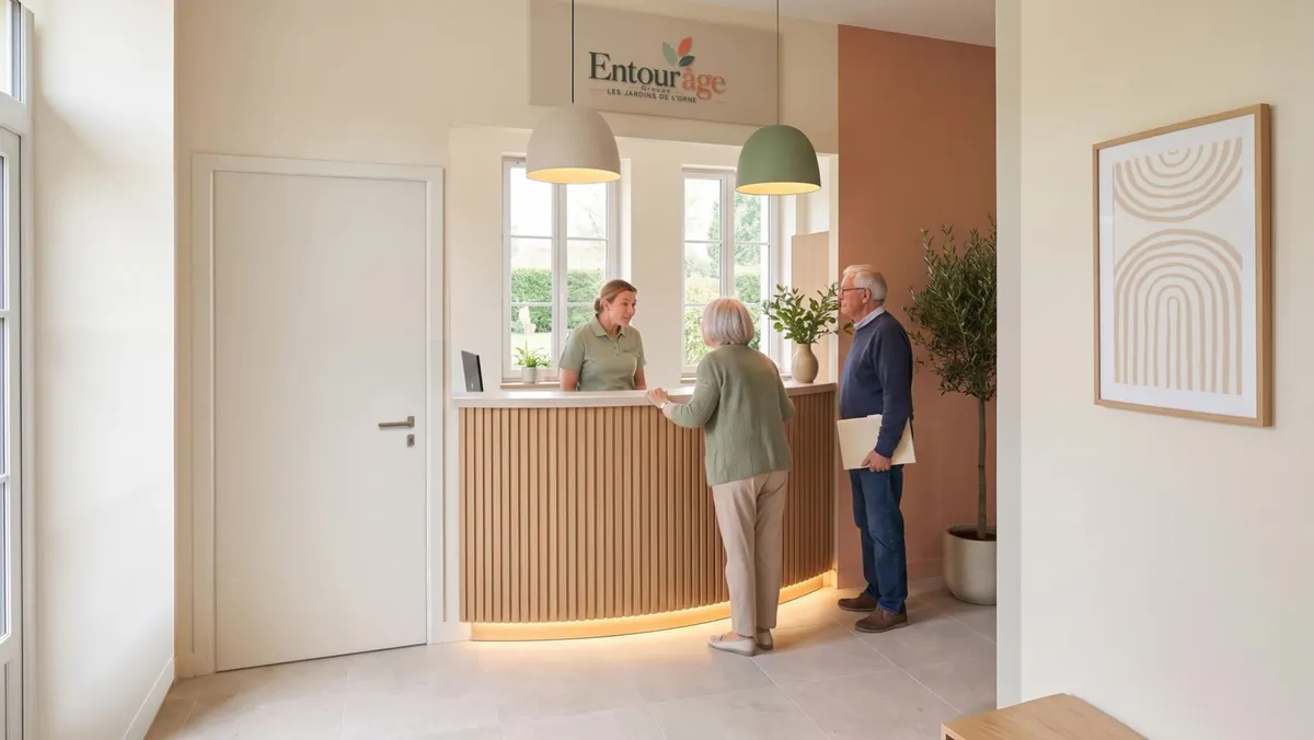 L'accueil : derrière le comptoir en lattes de chêne, la salariée en polo vert sauge reçoit deux résidents. Le logo de la résidence au mur.