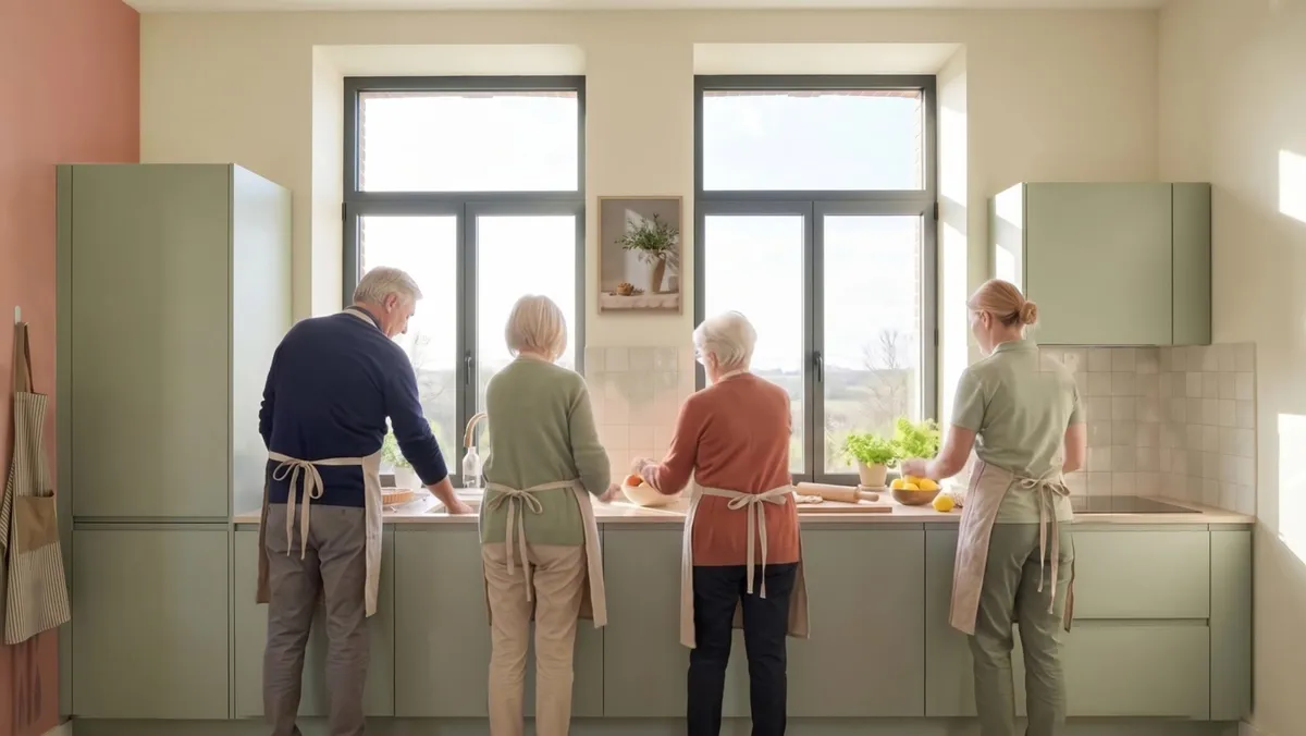 La cuisine commune aux façades vert sauge : quatre personnes en tablier, de dos, préparent une tarte le long du plan de travail, sous deux grandes fenêtres.