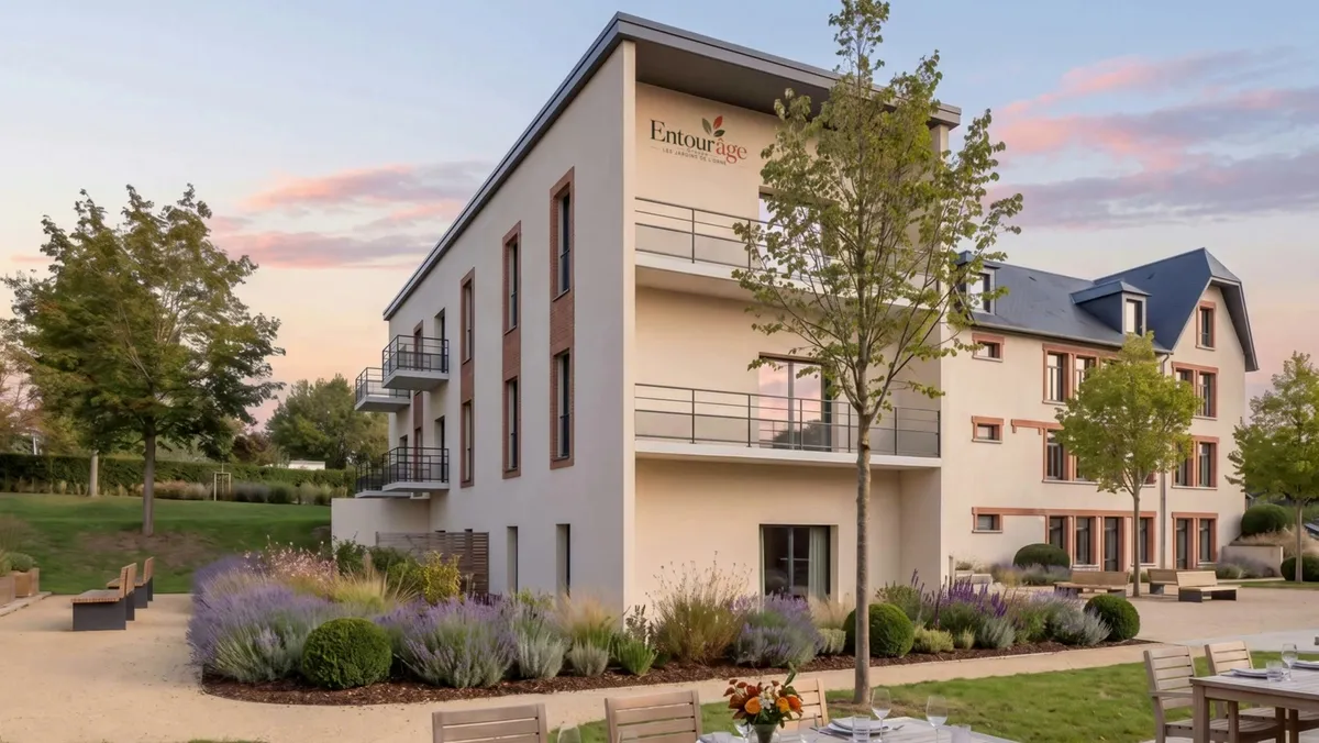 L'aile neuve côté jardin au lever du jour : la façade et ses balcons, le nom de la résidence sur la façade, des massifs de lavande et une table dressée sur la terrasse.