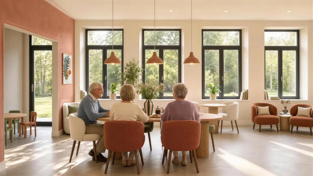 La salle de convivialité : trois résidents autour d'une table, un café et une partie de cartes, devant quatre grandes fenêtres.