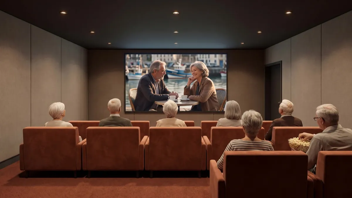 La salle de cinéma : des spectateurs de dos dans des fauteuils terracotta, face à un grand écran.