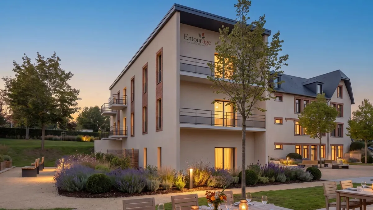 L'aile neuve côté jardin au crépuscule : les fenêtres éclairées, le nom de la résidence sur la façade, les massifs de lavande et les bornes lumineuses.