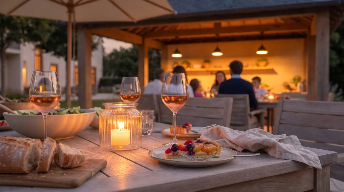 Sur une table de la cuisine d'été, à la nuit tombante : des verres, une lanterne allumée et des tartelettes.
