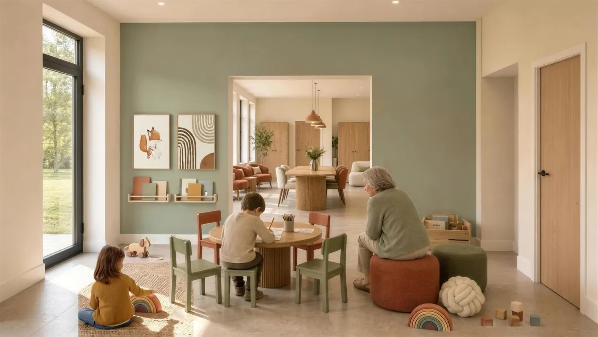 L'espace enfants : une petite fille joue au sol, un enfant à la petite table ronde, une résidente assise sur un pouf à côté. La salle de convivialité en enfilade.