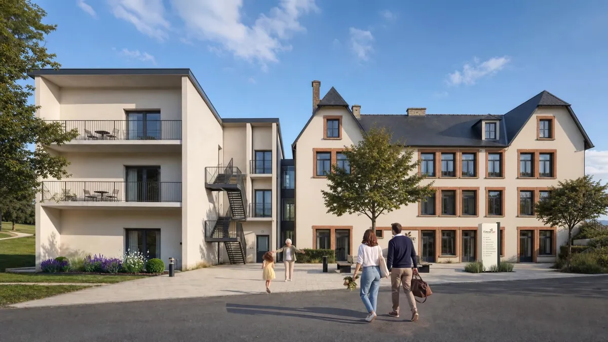 Une famille traverse la cour de la résidence vers le bâtiment ancien, une petite fille en tête. L'aile neuve et ses balcons à gauche.