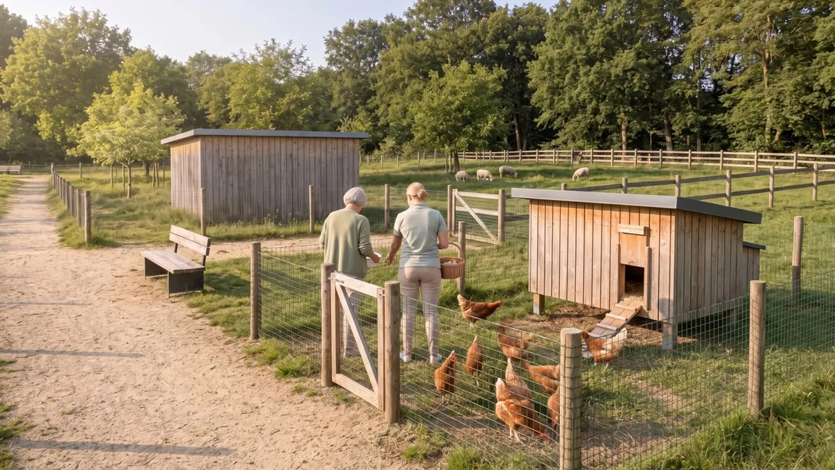 Dans un petit enclos grillagé, une résidente et la salariée, de dos, nourrissent les poules devant un poulailler en bois. Un abri et un pré clôturé derrière.