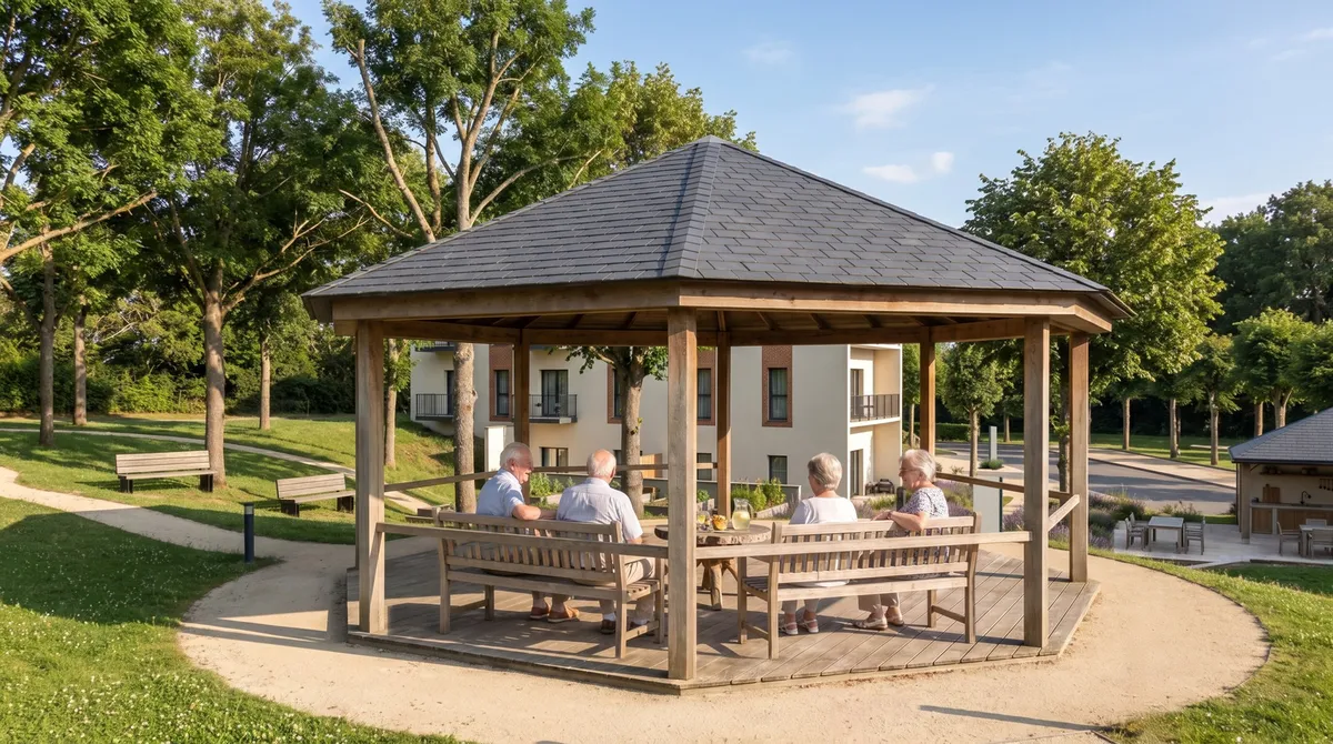 Le kiosque du parc, un abri de bois au toit d'ardoise : des résidents assis autour des tables.