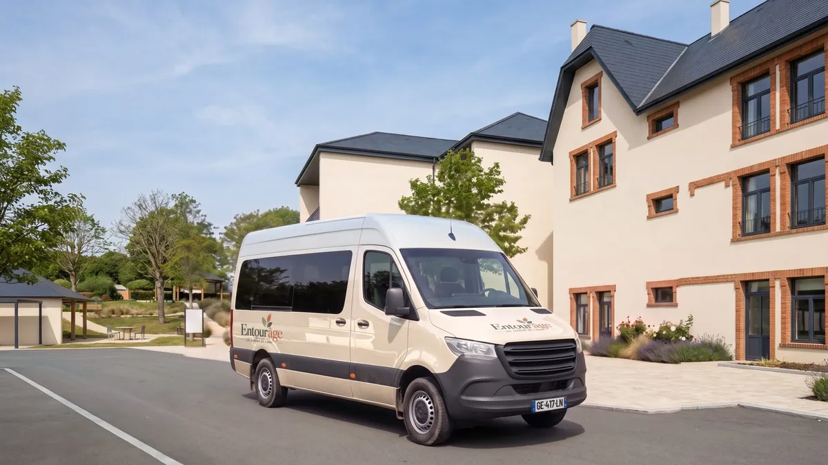 La navette de la résidence, un minibus blanc à ses couleurs, arrêtée devant le bâtiment ancien.