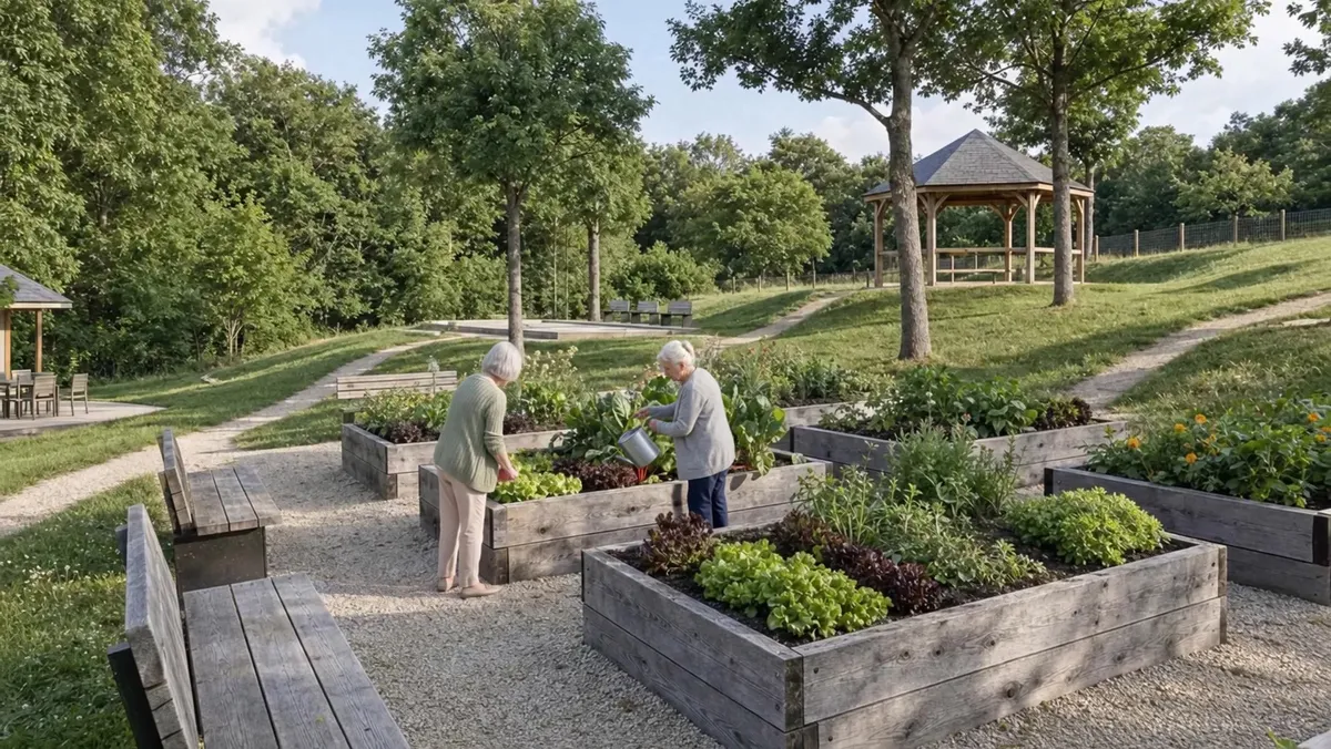 Deux résidentes jardinent dans les bacs surélevés du potager, sous les arbres du parc. Plus loin, le kiosque.