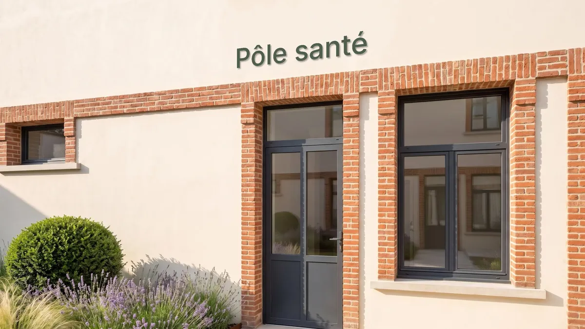 L'entrée du pôle santé, sur la cour : une porte vitrée dans la façade claire encadrée de briques, l'enseigne « Pôle santé » au-dessus.