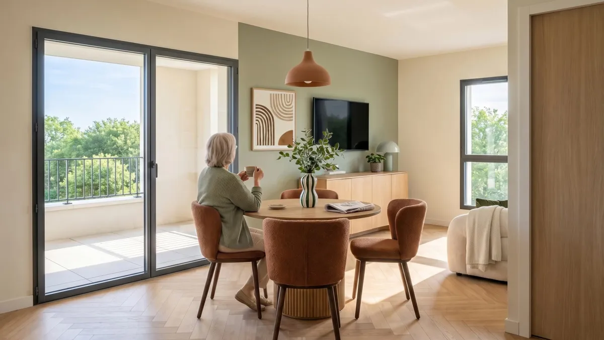 Une résidente, de dos, s'installe à la table ronde du séjour du T2, près de la baie vitrée qui ouvre sur le balcon. Un mur vert sauge, une télévision au mur.