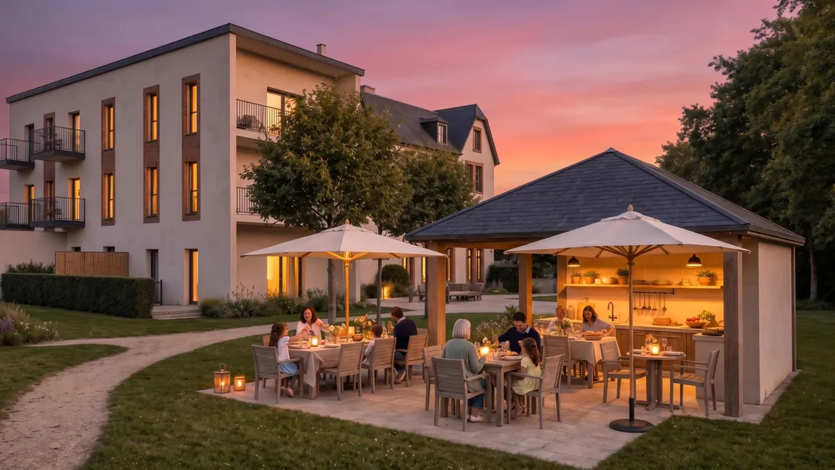 La cuisine d'été au crépuscule : des tablées sous les parasols et l'abri éclairé, la résidence à l'arrière-plan.