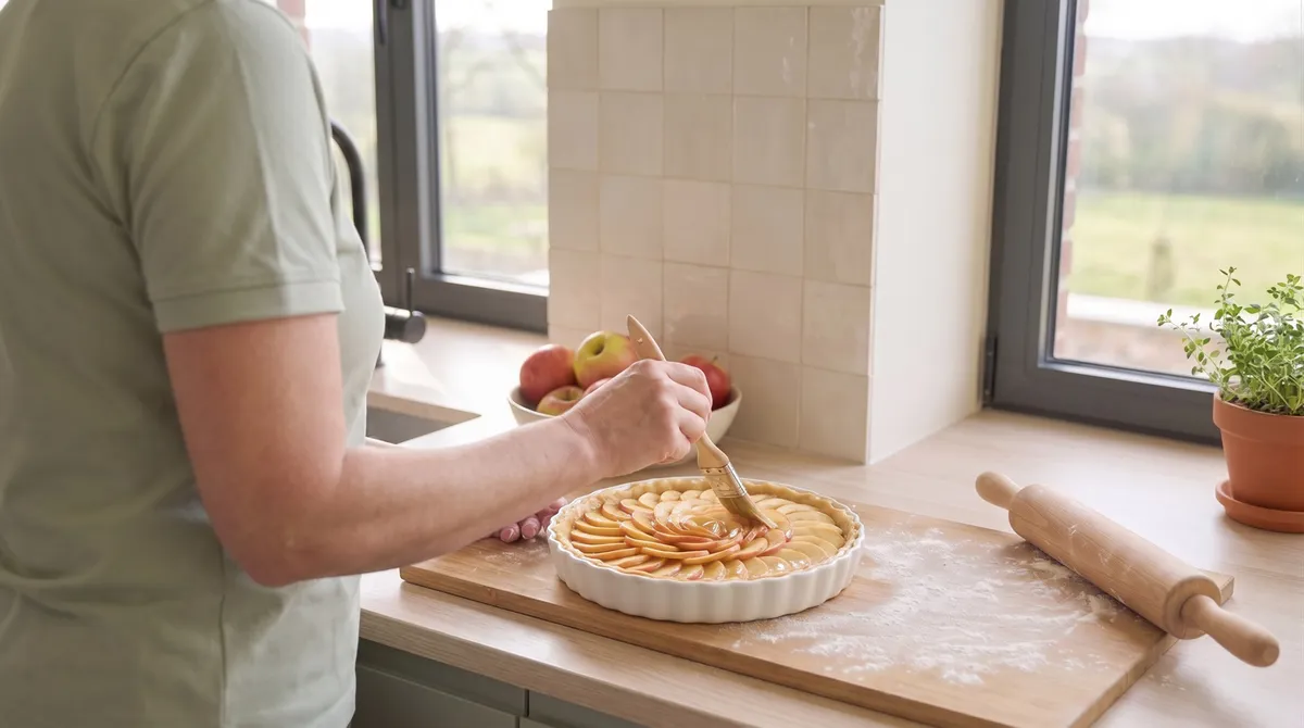 Gros plan d'une tarte aux pommes disposées en rosace, sur le plan de travail de la cuisine commune, un rouleau à pâtisserie à côté.