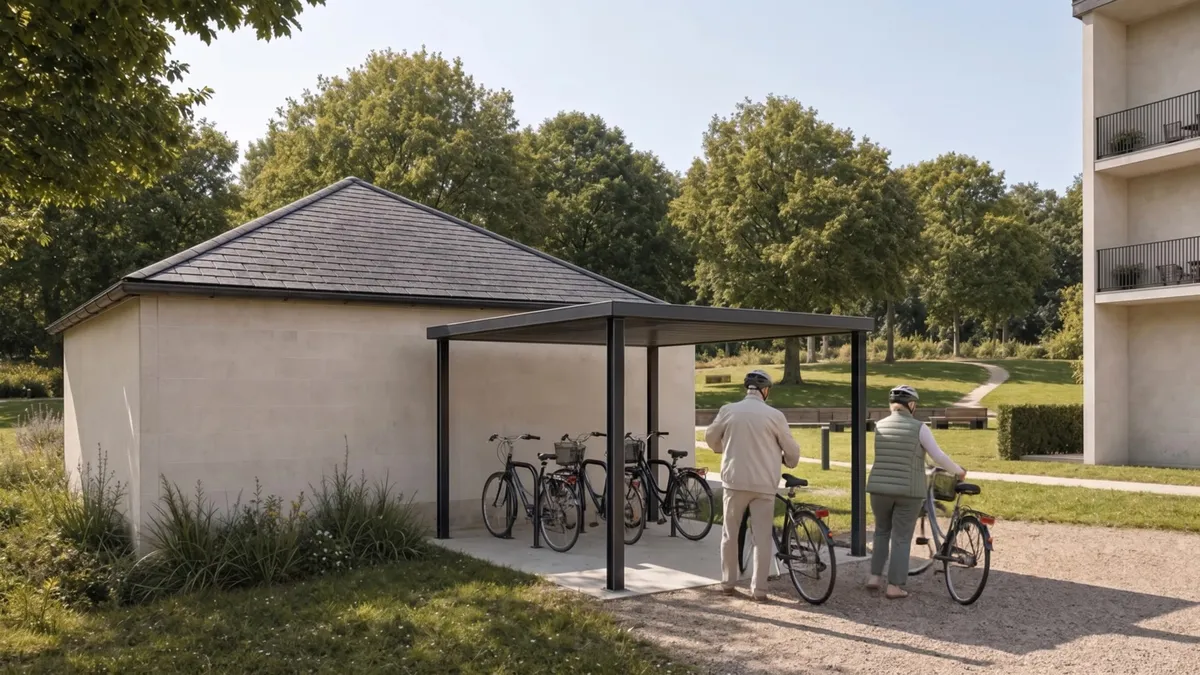 Deux résidents sortent leurs vélos de l'abri à vélos, au bord d'une allée du parc.