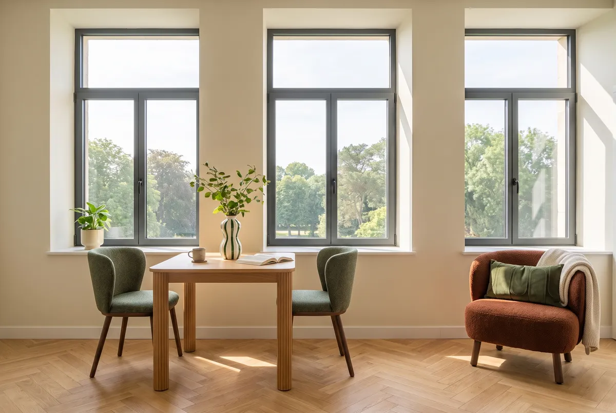 Le séjour du T1 devant trois grandes fenêtres qui donnent sur les arbres : une table et deux chaises, un fauteuil à côté.