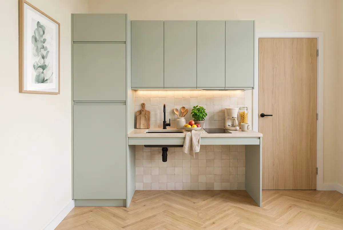 La kitchenette du T1, en façades vert sauge : un espace libre sous l'évier et la plaque de cuisson, des meubles hauts et une grande colonne. Une porte en bois à côté.