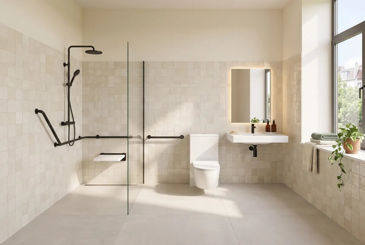 La salle d'eau du T1 : une douche de plain-pied avec un siège rabattable et des barres d'appui, une vasque suspendue sous un miroir éclairé, une fenêtre.