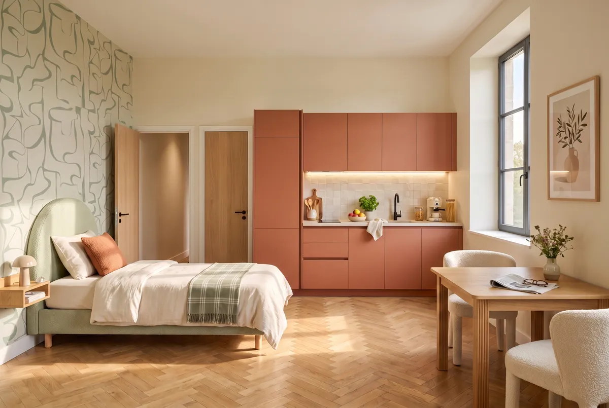 Vue d'ensemble du studio : le lit contre un papier peint vert sauge, la cuisine terracotta au fond, la table et ses chaises près de la grande fenêtre.