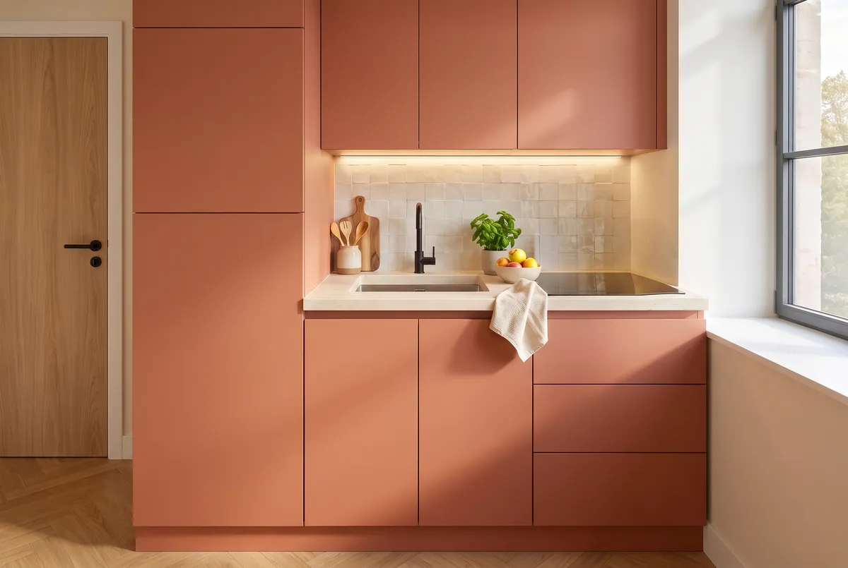 La cuisine du studio, en façades terracotta sans poignée, près de la fenêtre : un évier, une plaque de cuisson, des tiroirs, des meubles hauts et une grande colonne.