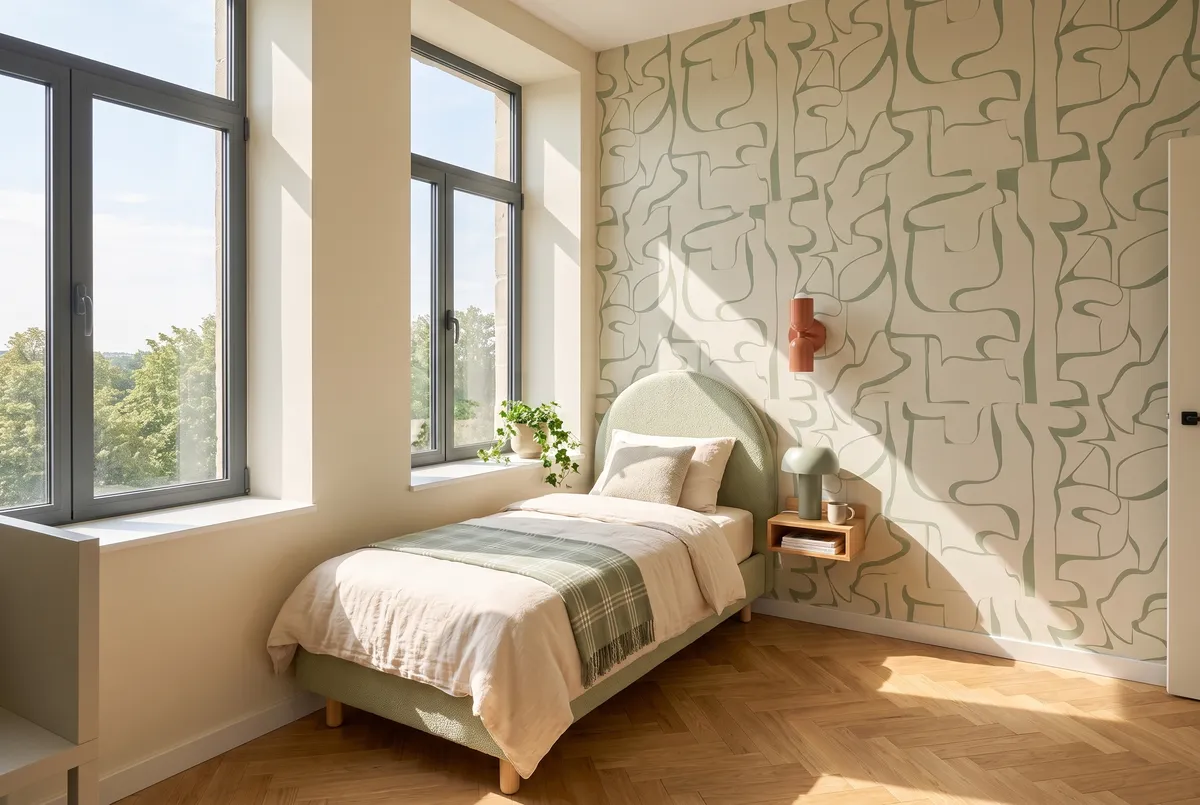 Le coin nuit du studio : un lit à une place contre un papier peint vert sauge, un chevet suspendu et sa lampe, deux grandes fenêtres sur les arbres.
