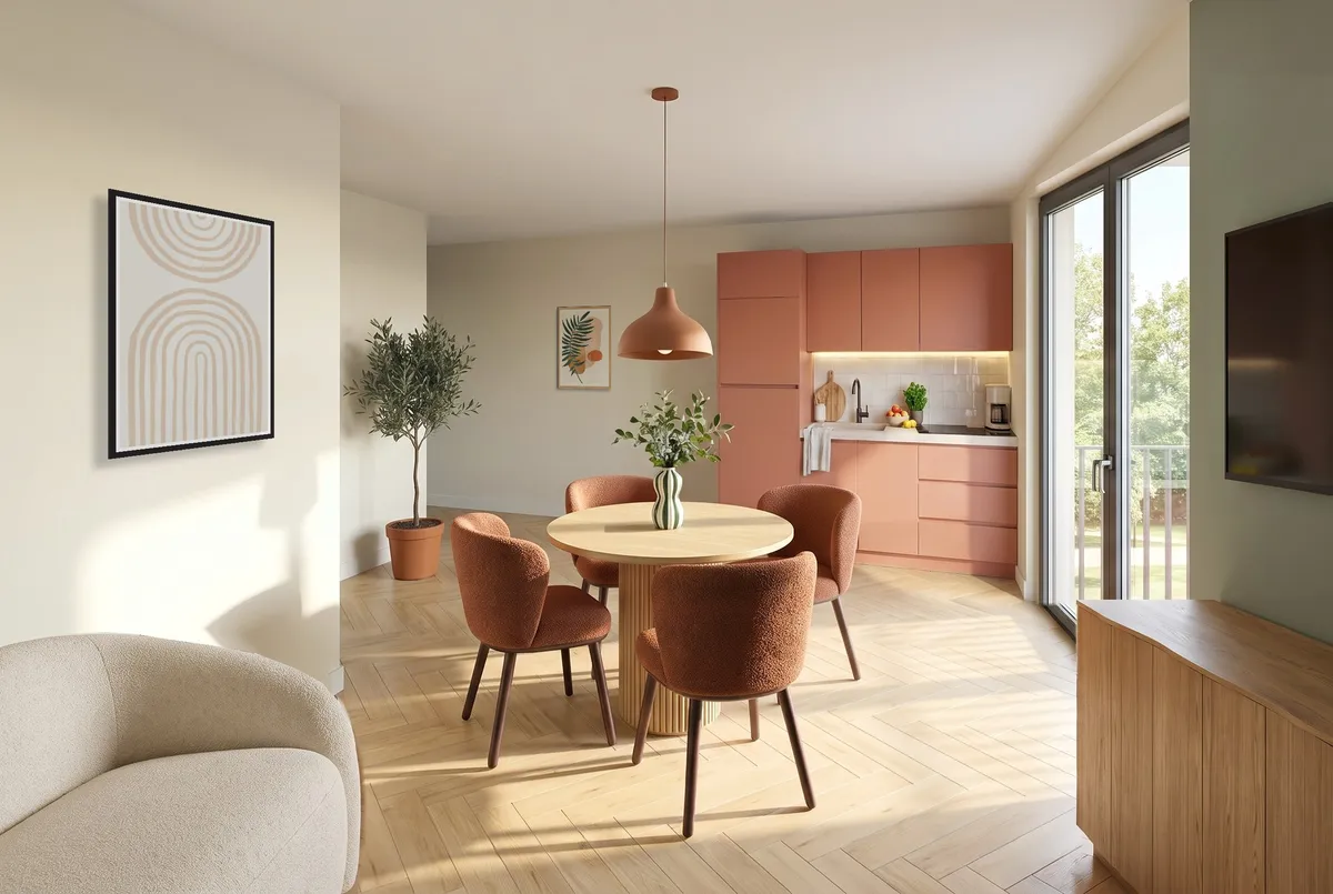 Vue d'ensemble du T2 : le séjour ouvert sur la cuisine terracotta, la table ronde et ses quatre chaises sous une suspension, un canapé clair, la porte-fenêtre du balcon à droite.