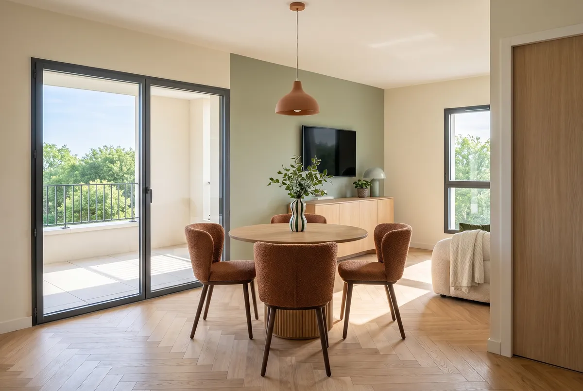 Le séjour du T2 ouvert sur le balcon par une baie vitrée : une table ronde et quatre chaises, un buffet et une télévision sur un mur vert sauge, un canapé près de la fenêtre.