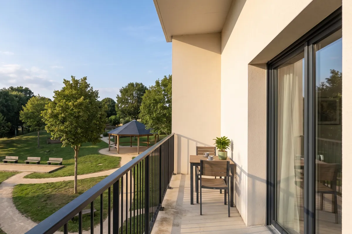 Le balcon du T2 face au parc : une table et deux chaises, une baie sans marche, et en contrebas le kiosque, le terrain de pétanque et les allées.