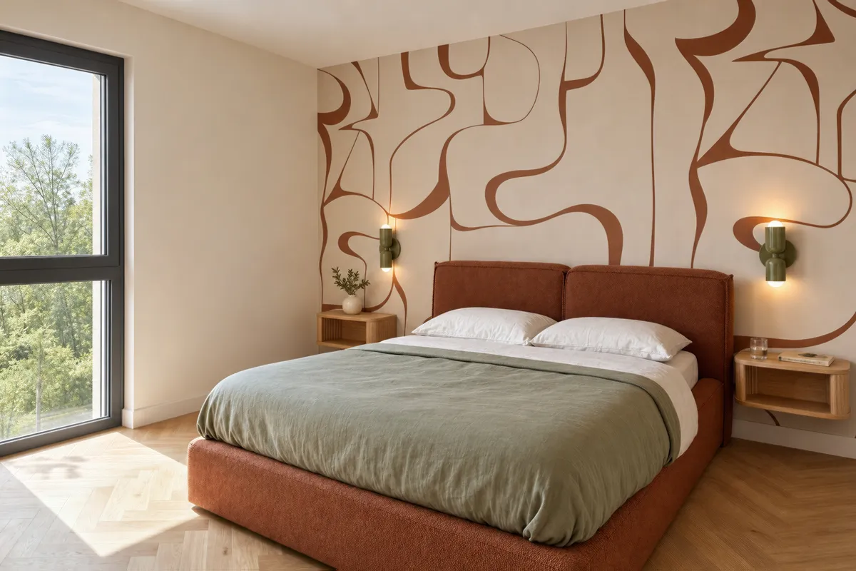 La chambre du T2 : un lit double, deux chevets, une liseuse de chaque côté et une grande fenêtre sur les arbres.