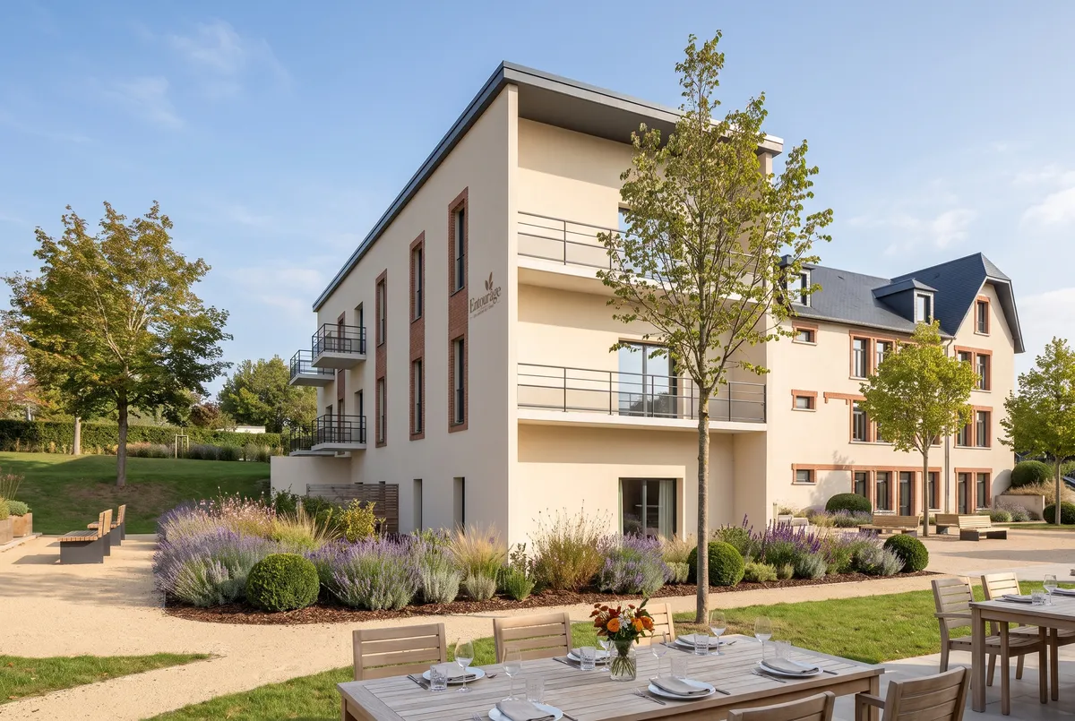 L'aile neuve côté jardin et ses balcons, reliée au bâtiment ancien. Au pied de la façade, des massifs de lavande, de vivaces et de buis ; au premier plan, des tables dressées sur la terrasse. Le nom de la résidence sur la façade.