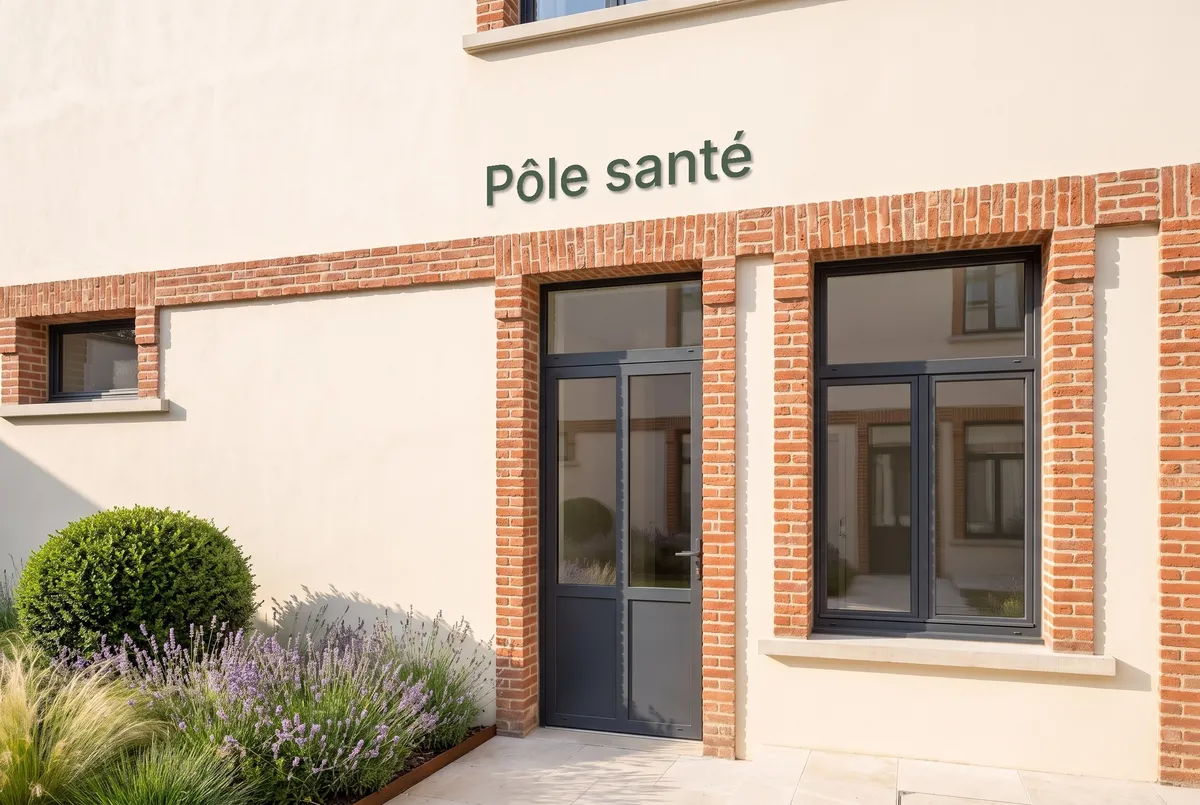 L'entrée du pôle santé, sur la cour : une porte vitrée dans la façade claire encadrée de briques, l'enseigne « Pôle santé » au-dessus.