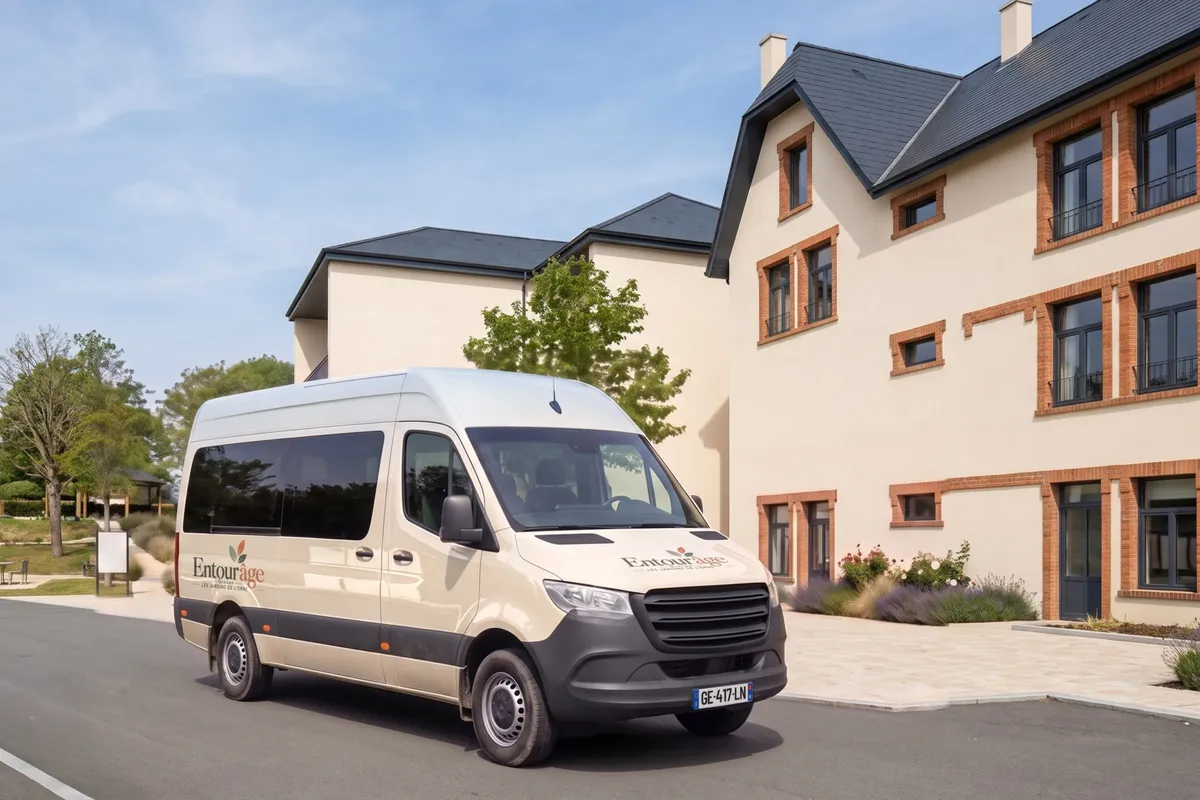 La navette de la résidence, un minibus blanc à ses couleurs, arrêtée devant le bâtiment ancien.