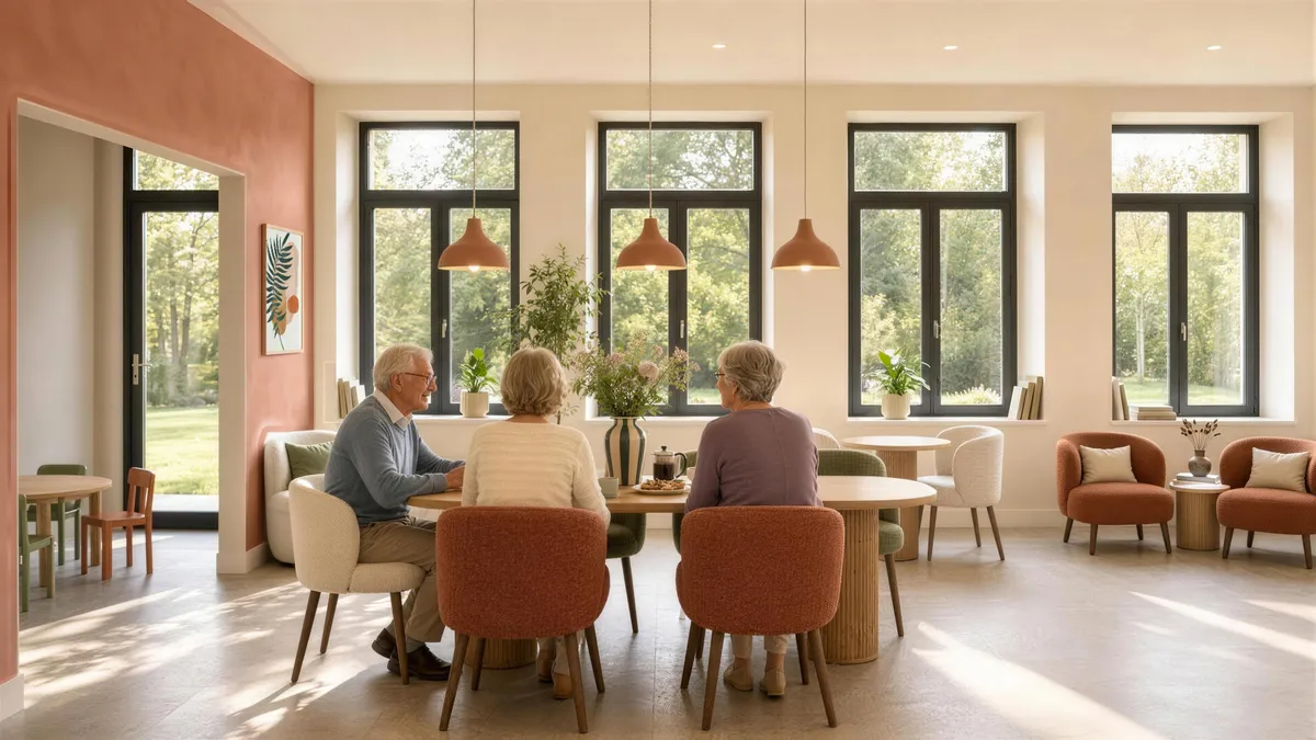 La salle de convivialité : trois résidents discutent autour d'une table, devant quatre grandes fenêtres sur les arbres. Des fauteuils le long des fenêtres, une porte vitrée sur le parc à gauche.