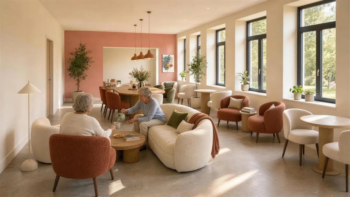 La salle de convivialité en enfilade : au premier plan, deux résidentes prennent le thé dans le salon, sur un canapé et un fauteuil. La grande table au fond, devant un mur terracotta.
