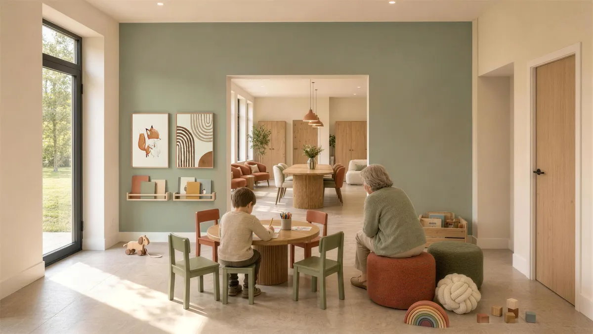 L'espace enfants, ouvert sur la salle de convivialité : un enfant dessine à une petite table ronde, une résidente assise à côté sur un pouf. Des jouets en bois au sol, des livres au mur.