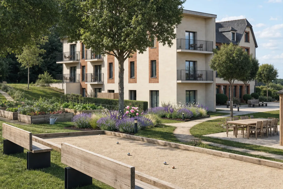 Le terrain de pétanque et ses bancs, devant des massifs de lavande et l'aile neuve. Trois boules sur le sable.