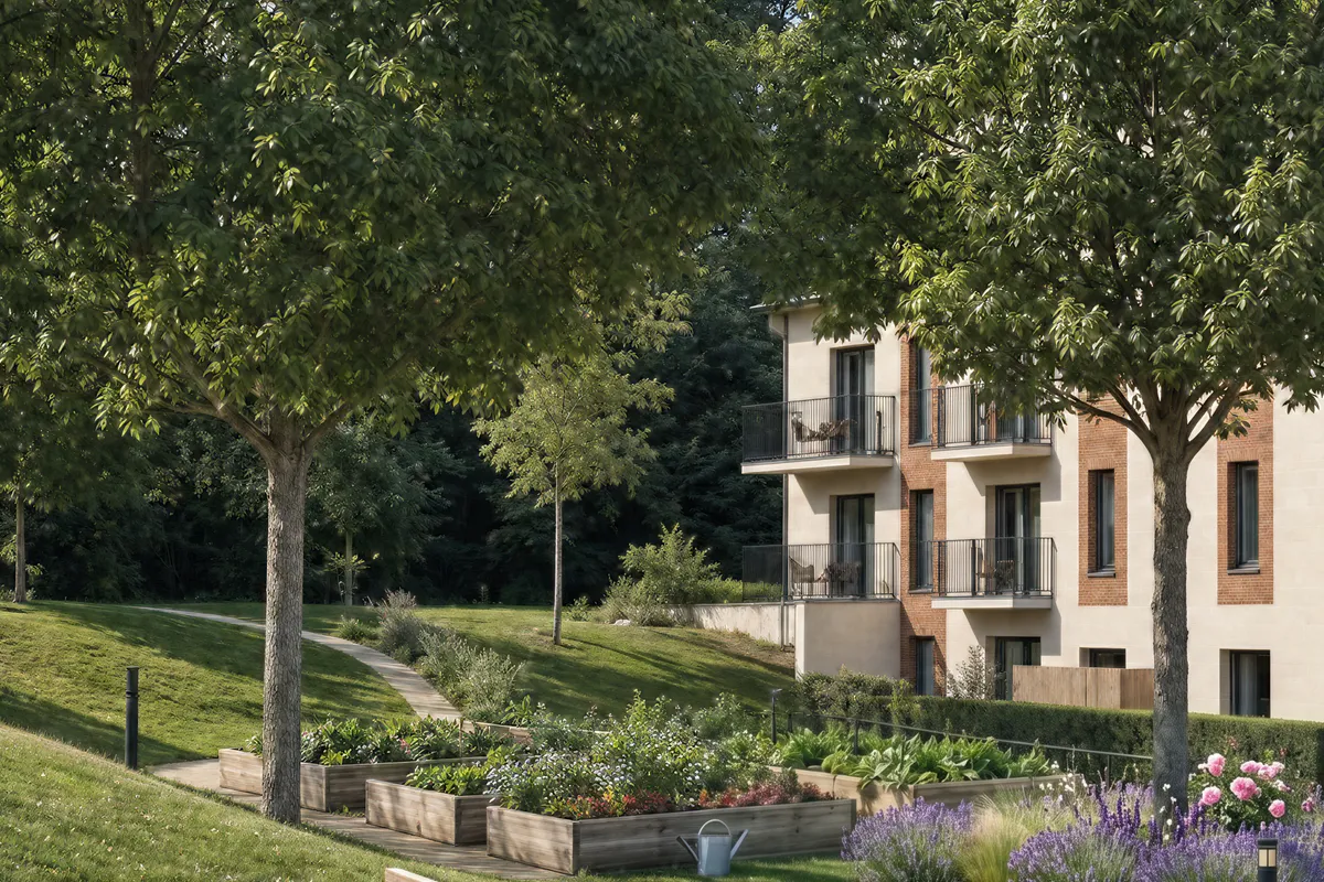 Le potager : des bacs surélevés plantés de légumes et de fleurs, sous les arbres du parc, au pied de l'aile neuve. De la lavande au premier plan.